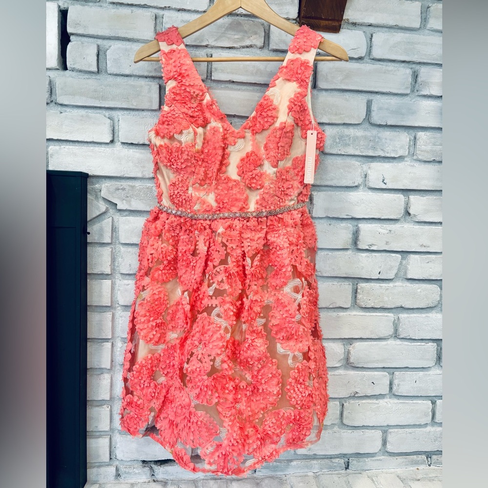 NWT Minuet Pink Floral Appliqué Sleeveless Mini Dress Size Small